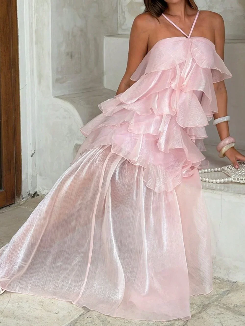 Pink Elegant Bohemian Women's Party Halter Dress with Layered Ruffle - Picture 8 of 8